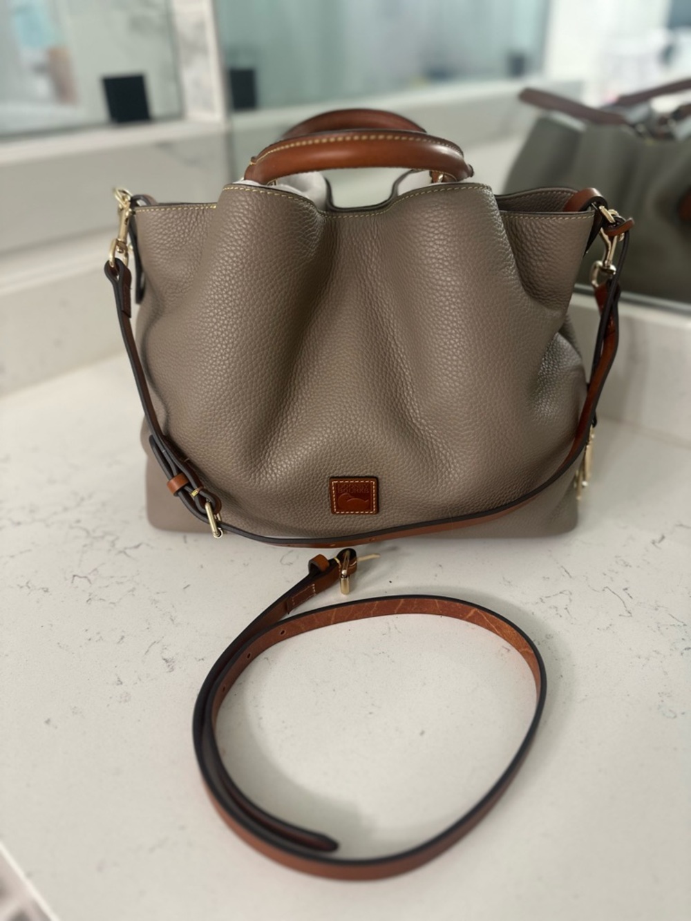 Dooney & Bourke Taupe Pebbled Leather Satchel with Chestnut Trim